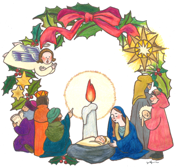 クリスマス物語がそのまま詰まった、クリスマスリースのイラスト