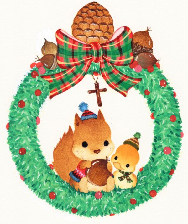 リス、ひよこ、十字架と木ノ実のクリスマスリースの水彩画イラスト
