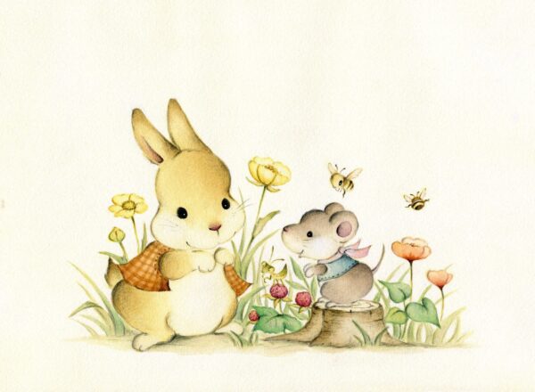 水彩が美しい、うさぎとネズミとハチのイラスト