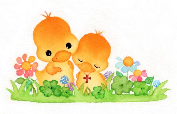 ひよこと十字架とお花やクローバーの水彩イラスト、イースターにも