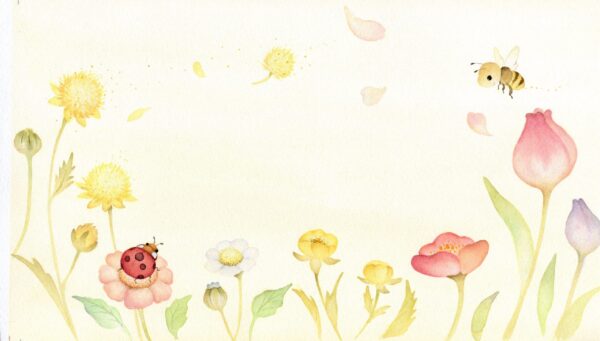 野の花とてんとう虫、ハチ、チューリップなど