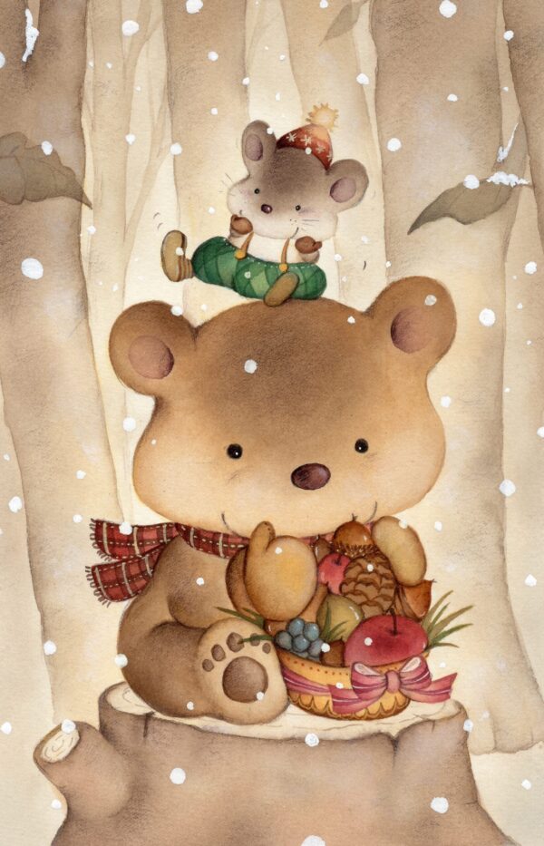 クリスマスー切り株の上にクマさん、その上にネズミさん