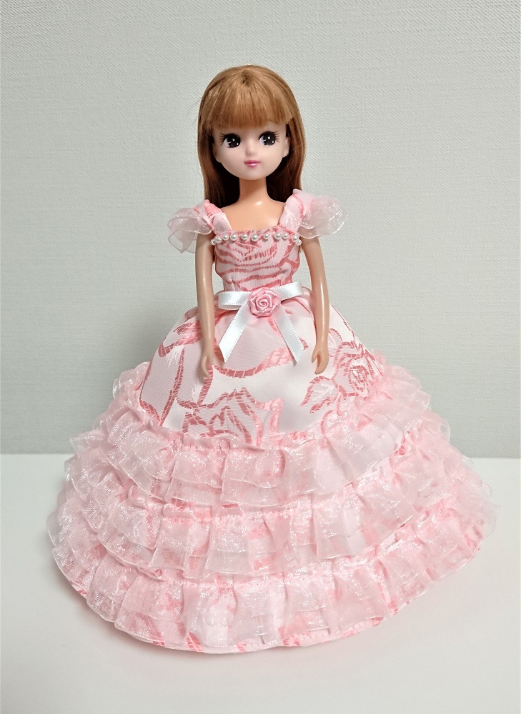 リカちゃん用ドレス／淡ピンクバラ柄／ハンドメイド／22cmドール服