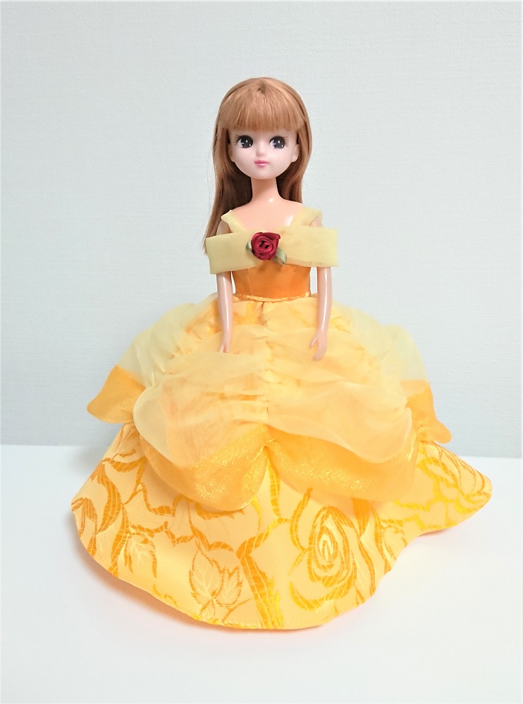 リカちゃん用ドレス／黄×バラ柄／ハンドメイド／22cmドール服