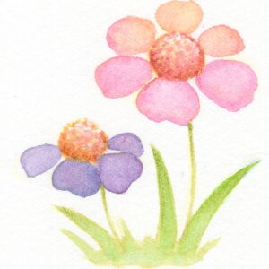 水彩イラスト、ピンクと紫の花